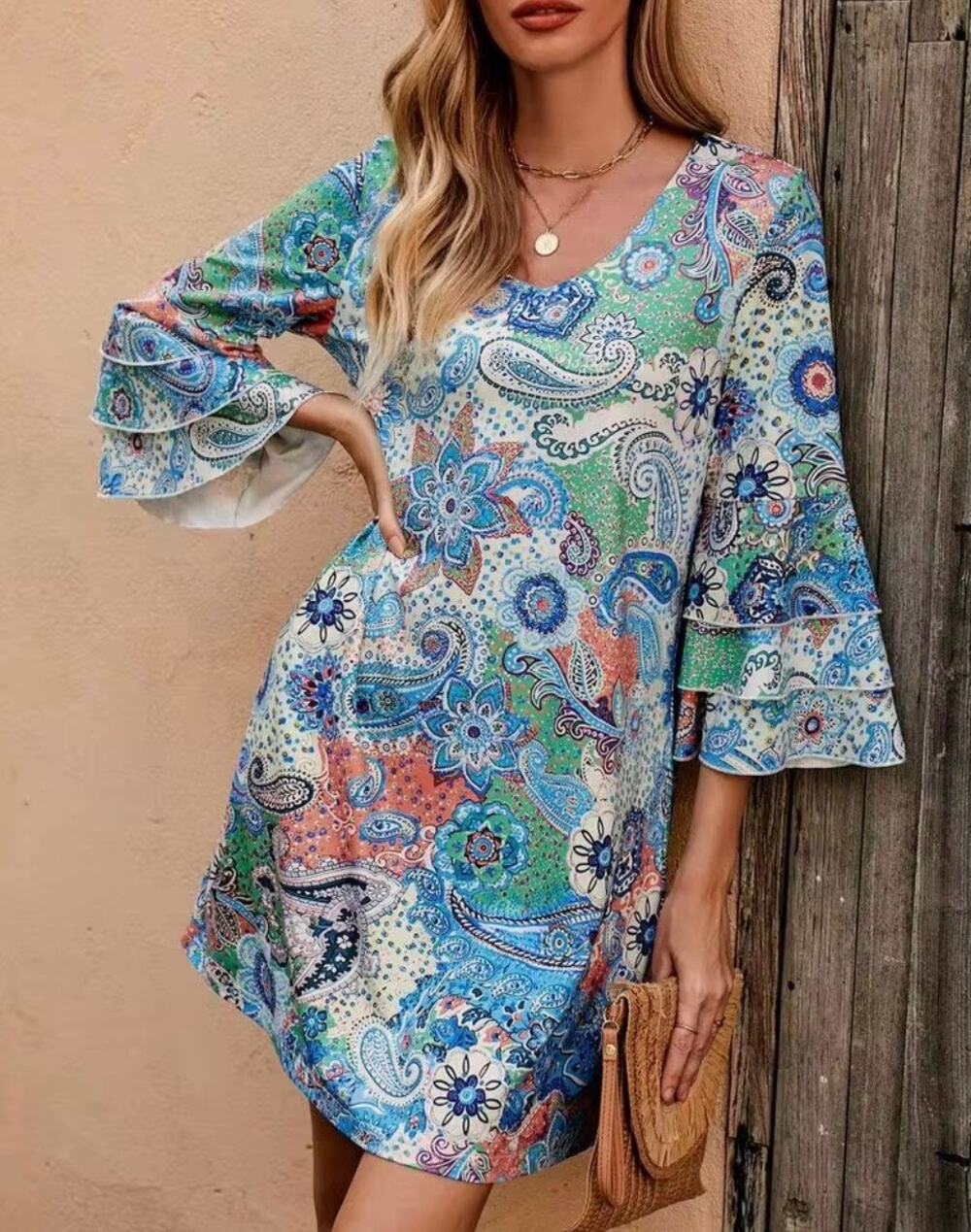 SHEIN LUNE Paisley Print Flair Sleeve Tunic Dress XXL